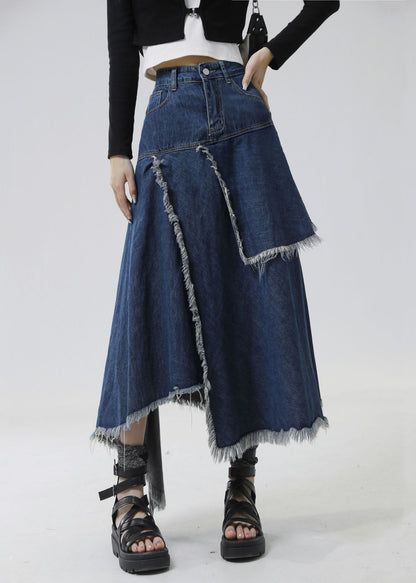 Slim Fit Navy Asymmetrical Patchwork Denim Skirt Summer Ada Fashion