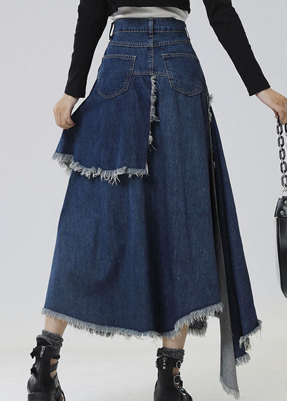 Slim Fit Navy Asymmetrical Patchwork Denim Skirt Summer Ada Fashion