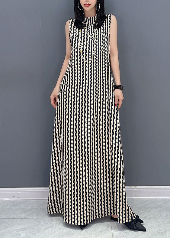 Slim Fit Stand Collar Striped Tie Waist Maxi Dress Summer