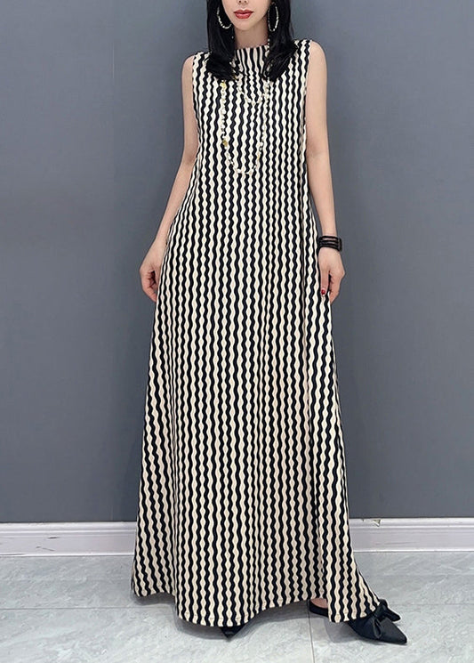 Slim Fit Stand Collar Striped Tie Waist Maxi Dress Summer