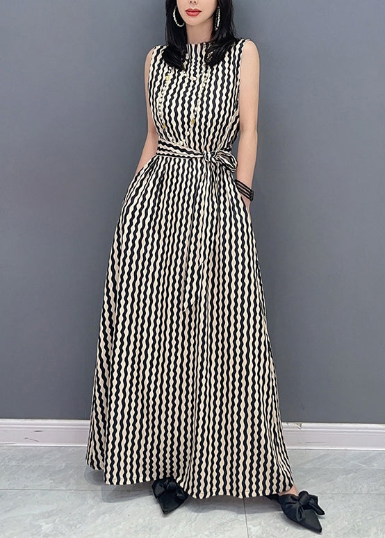 Slim Fit Stand Collar Striped Tie Waist Maxi Dress Summer