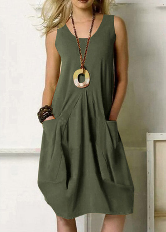 Solid Pocket Army Green Crew Neck Tank Top Dress LY3873