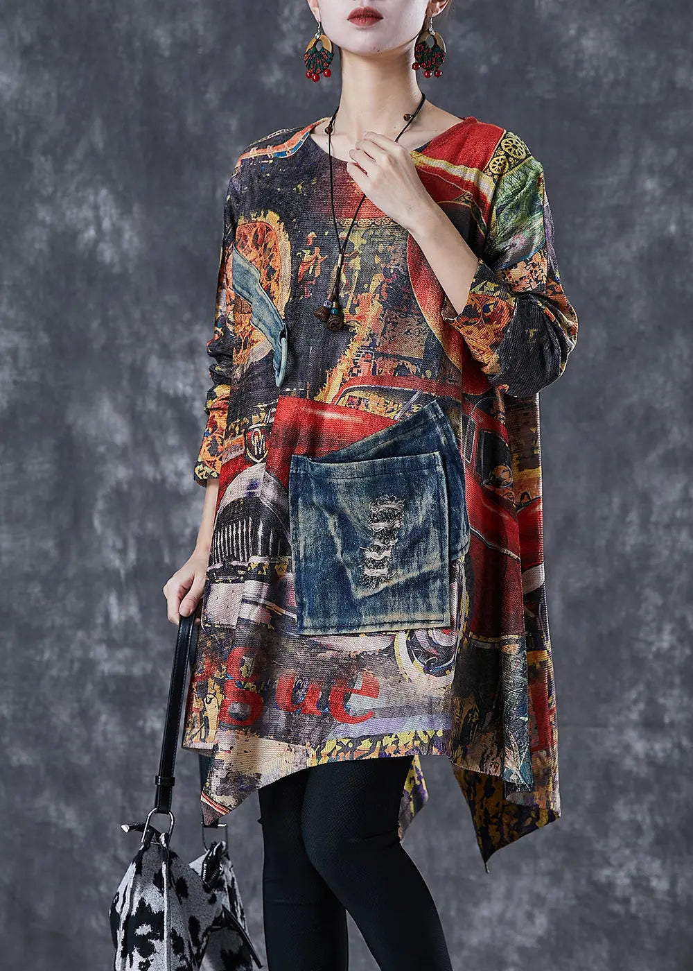 Style Asymmetrical Patchwork Tie Dye Knit Tops Fall Ada Fashion