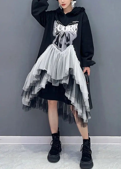 Style Black Hooded Wrinkled Asymmetrical Tulle Patchwork Cotton Dresses Fall Ada Fashion