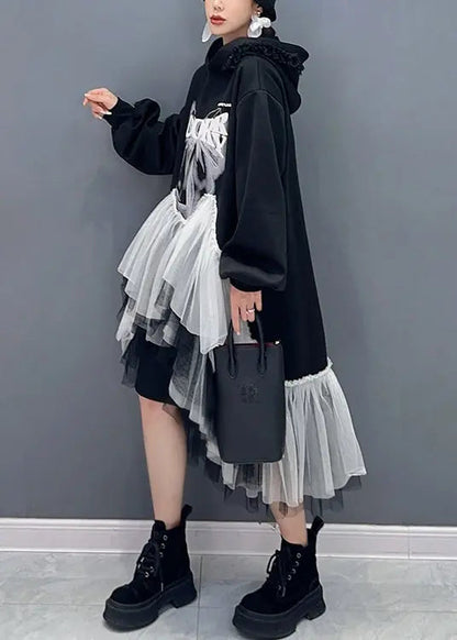 Style Black Hooded Wrinkled Asymmetrical Tulle Patchwork Cotton Dresses Fall Ada Fashion