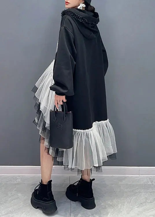 Style Black Hooded Wrinkled Asymmetrical Tulle Patchwork Cotton Dresses Fall Ada Fashion