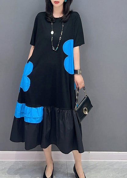 Robe longue de vacances à imprimé patchwork noir et bleu à col rond