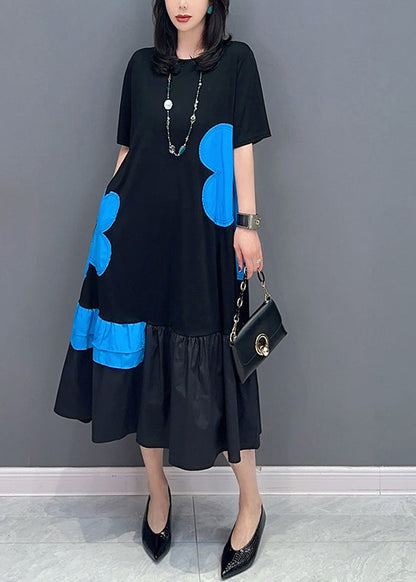 Robe longue de vacances à imprimé patchwork noir et bleu à col rond