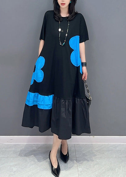 Robe longue de vacances à imprimé patchwork noir et bleu à col rond