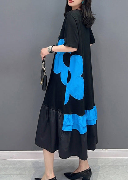 Robe longue de vacances à imprimé patchwork noir et bleu à col rond