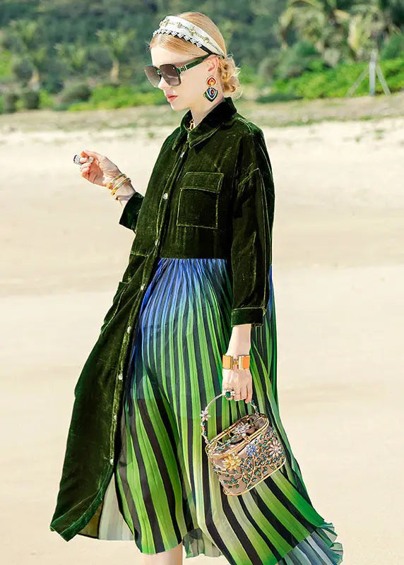 Style Blackish Green Striped Silk Velour Patchwork Button Maxi Dress Long Sleeve Ada Fashion