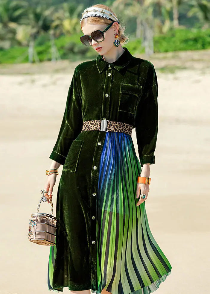 Style Blackish Green Striped Silk Velour Patchwork Button Maxi Dress Long Sleeve Ada Fashion