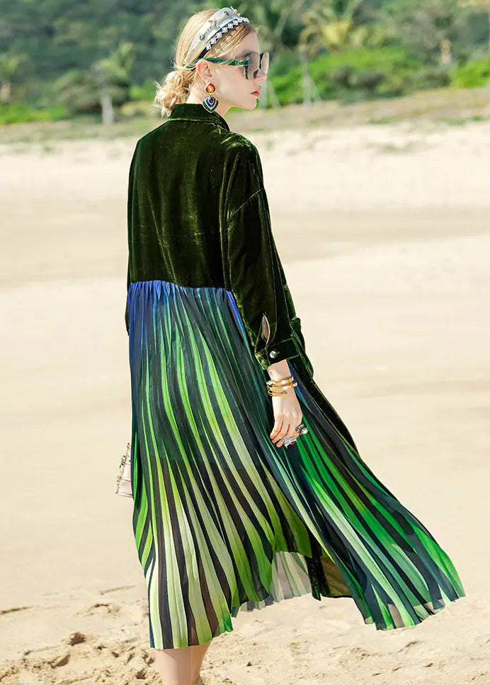 Style Blackish Green Striped Silk Velour Patchwork Button Maxi Dress Long Sleeve Ada Fashion