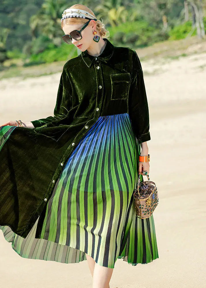 Style Blackish Green Striped Silk Velour Patchwork Button Maxi Dress Long Sleeve Ada Fashion