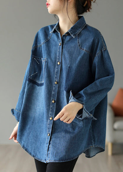 Style Blue Oversized Embroideried Pocket Denim Jackets Spring Ada Fashion