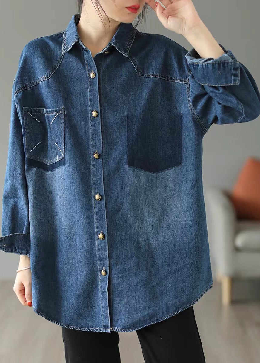 Style Blue Oversized Embroideried Pocket Denim Jackets Spring Ada Fashion