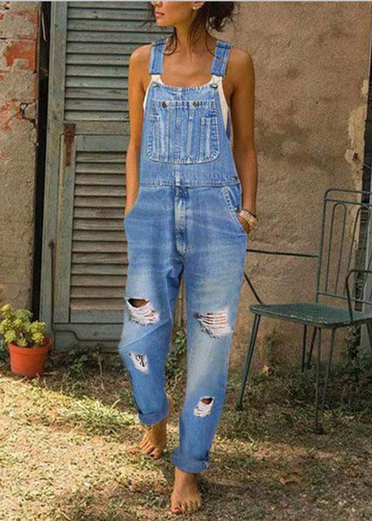 Style Blue Oversized Pockets Denim Ripped Jumpsuit Summer LY4014