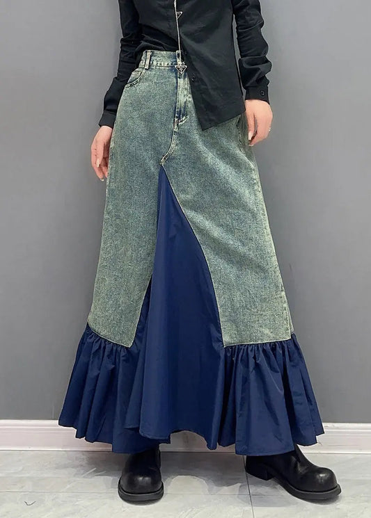 Style Blue Ruffled Pockets Patchwork Slim Fit Denim Skirt Fall Ada Fashion