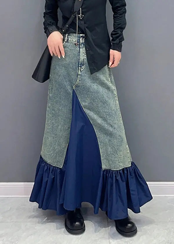 Style Blue Ruffled Pockets Patchwork Slim Fit Denim Skirt Fall Ada Fashion