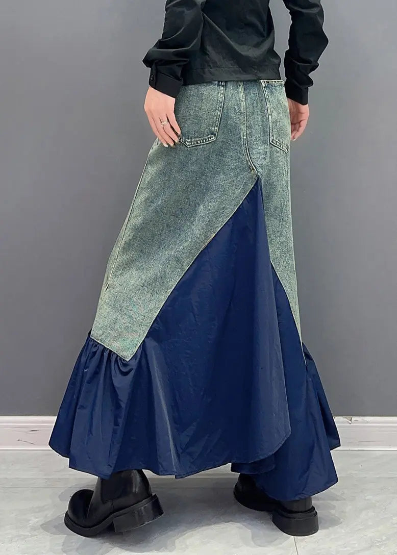 Style Blue Ruffled Pockets Patchwork Slim Fit Denim Skirt Fall Ada Fashion