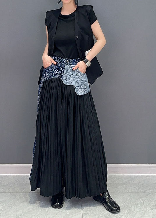 Style Blue Wrinkled Denim Patchwork Cotton Wide Leg Pants Summer Ada Fashion