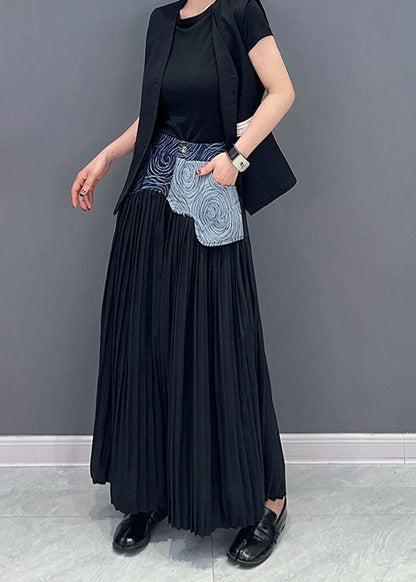 Style Blue Wrinkled Denim Patchwork Cotton Wide Leg Pants Summer Ada Fashion