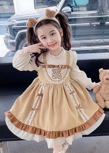 Style Brown Bow Ruffled Patchwork Cotton Girls Two Pieces Set Fall Ada Fashion