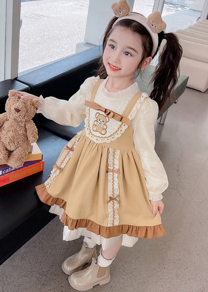 Style Brown Bow Ruffled Patchwork Cotton Girls Two Pieces Set Fall Ada Fashion