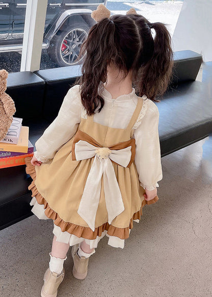 Style Brown Bow Ruffled Patchwork Cotton Girls Two Pieces Set Fall Ada Fashion