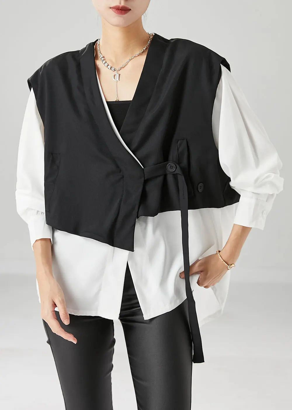 Style Colorblock Oversized Patchwork Cotton Fake Two Piece Coats Fall Ada Fashion