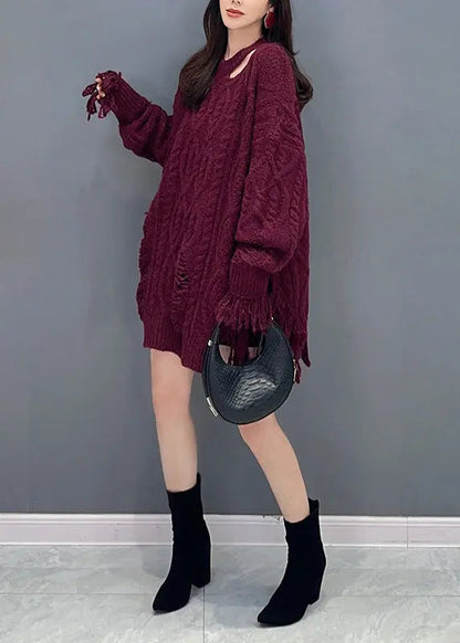 Style Green Tasseled Ripped Patchwork Knit Mid Sweater Dress Fall Ada Fashion