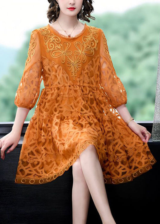 Style Orange Embroideried Patchwork Tulle Mid Dress Summer LY4678