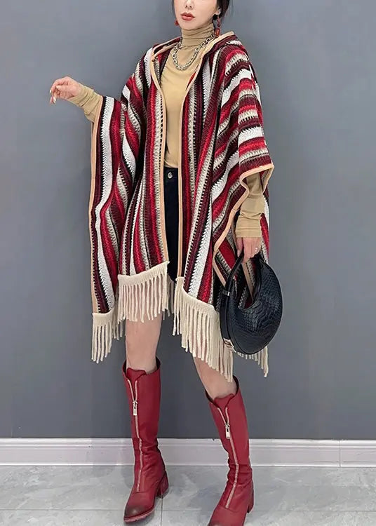 Style Red Hooded Tasseled Patchwork Knit Cardigan Fall Ada Fashion