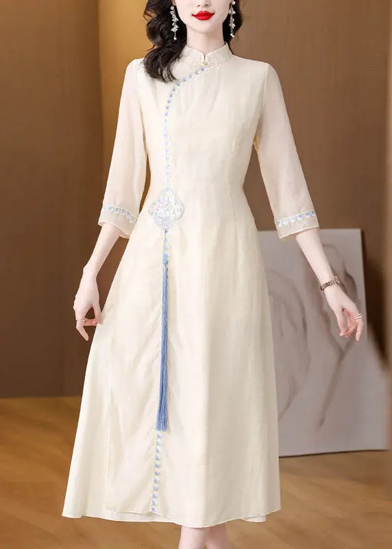 Stylish Apricot Stand Collar Embroidered Tassel Silk Long Dresses Fall Ada Fashion