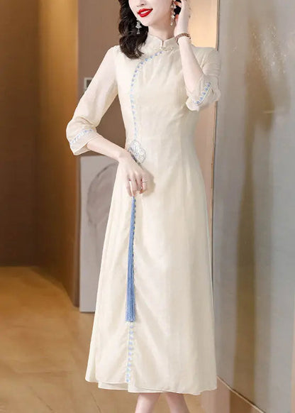 Stylish Apricot Stand Collar Embroidered Tassel Silk Long Dresses Fall Ada Fashion