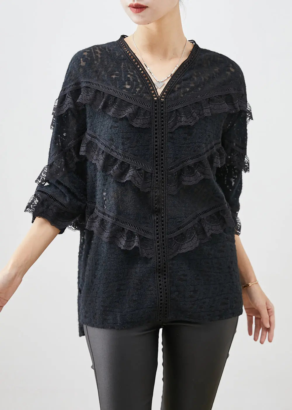 Stylish Black Ruffled Patchwork Lace Blouses Fall Ada Fashion