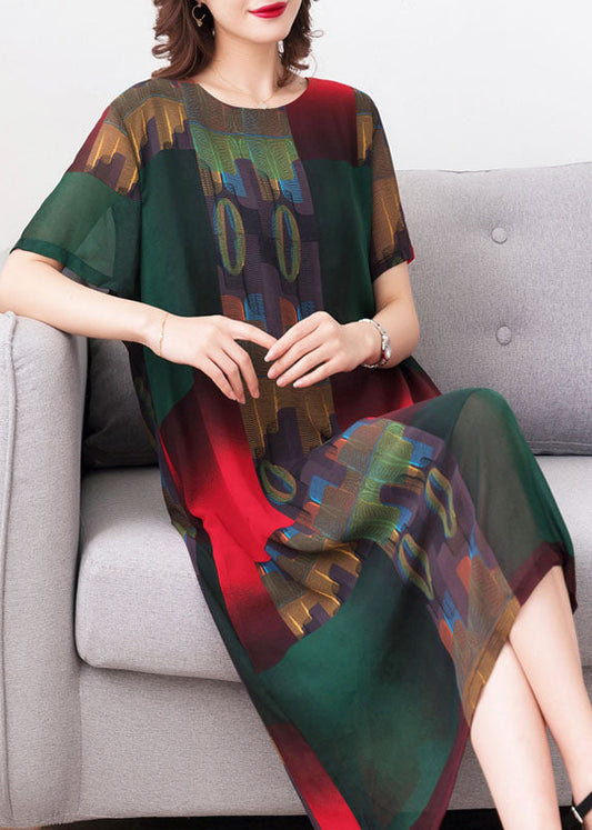 Stylish Green O Neck Print Patchwork Chiffon Dress Summer Ada Fashion