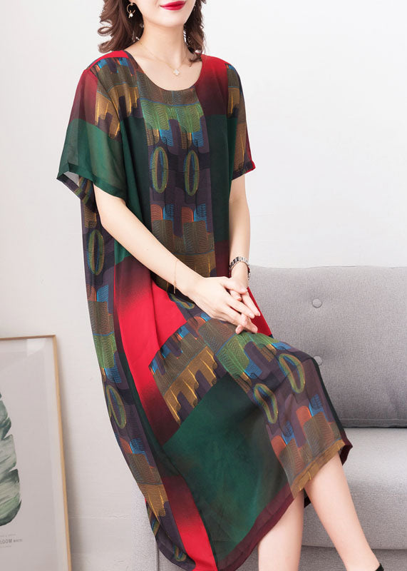 Stylish Green O Neck Print Patchwork Chiffon Dress Summer Ada Fashion