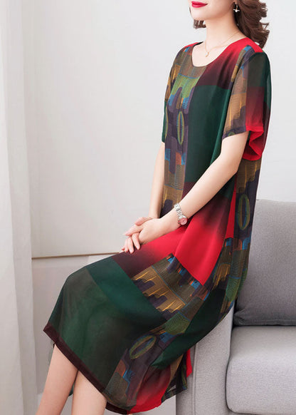 Stylish Green O Neck Print Patchwork Chiffon Dress Summer Ada Fashion