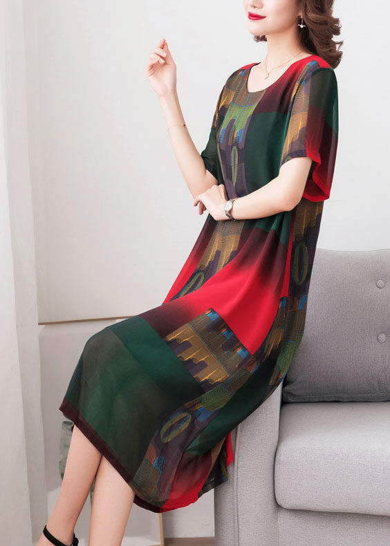 Stylish Green O Neck Print Patchwork Chiffon Dress Summer Ada Fashion