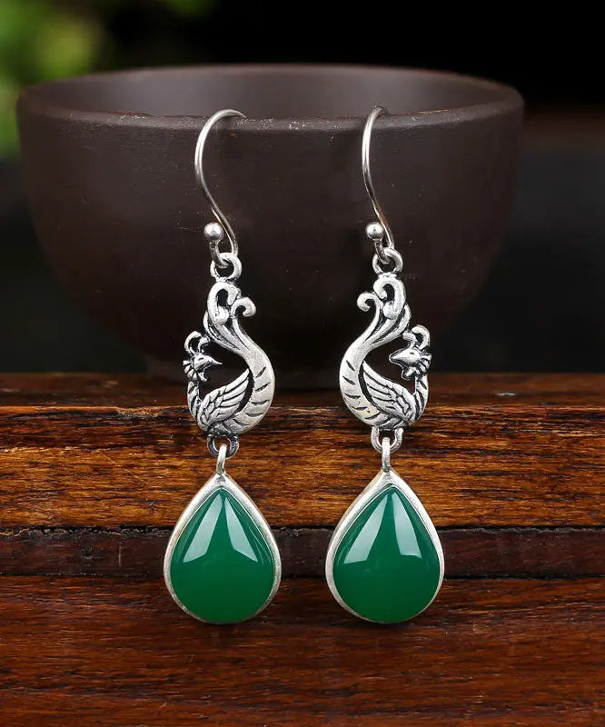 Stylish Green Sterling Silver Inlaid Water Drop Chalcedony Drop Earrings Ada Fashion