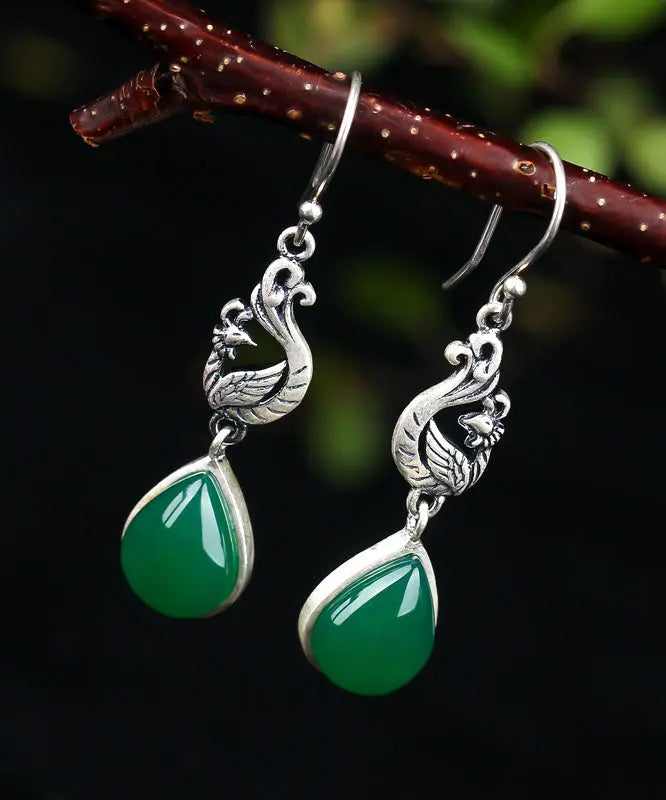 Stylish Green Sterling Silver Inlaid Water Drop Chalcedony Drop Earrings Ada Fashion