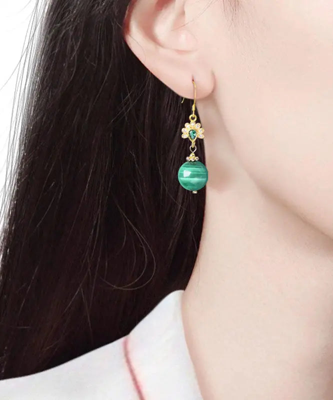 Stylish Green Sterling Silver Overgild Zircon Malachite Drop Earrings Ada Fashion