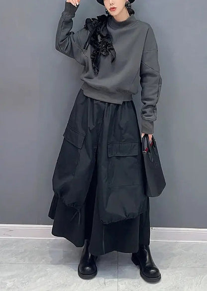 Stylish Grey Ruffled Sweatshirt And Black Skirts Cotton Two Piece Set Fall Ada Fashion