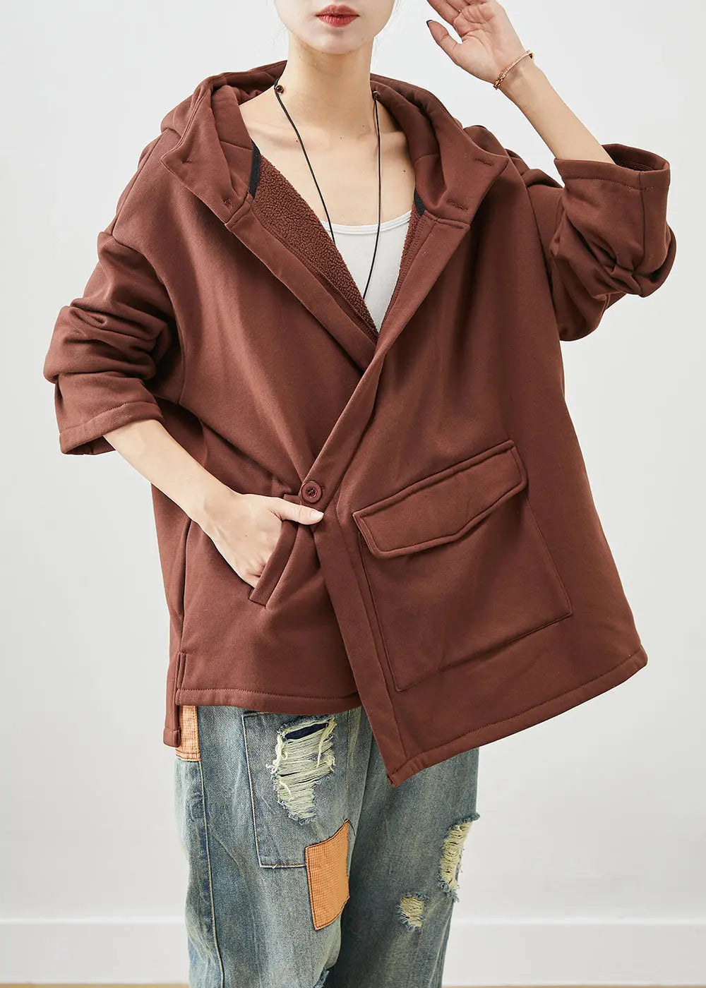 Stylish Khaki Asymmetrical Oversized Warm Fleece Jacket Fall Ada Fashion