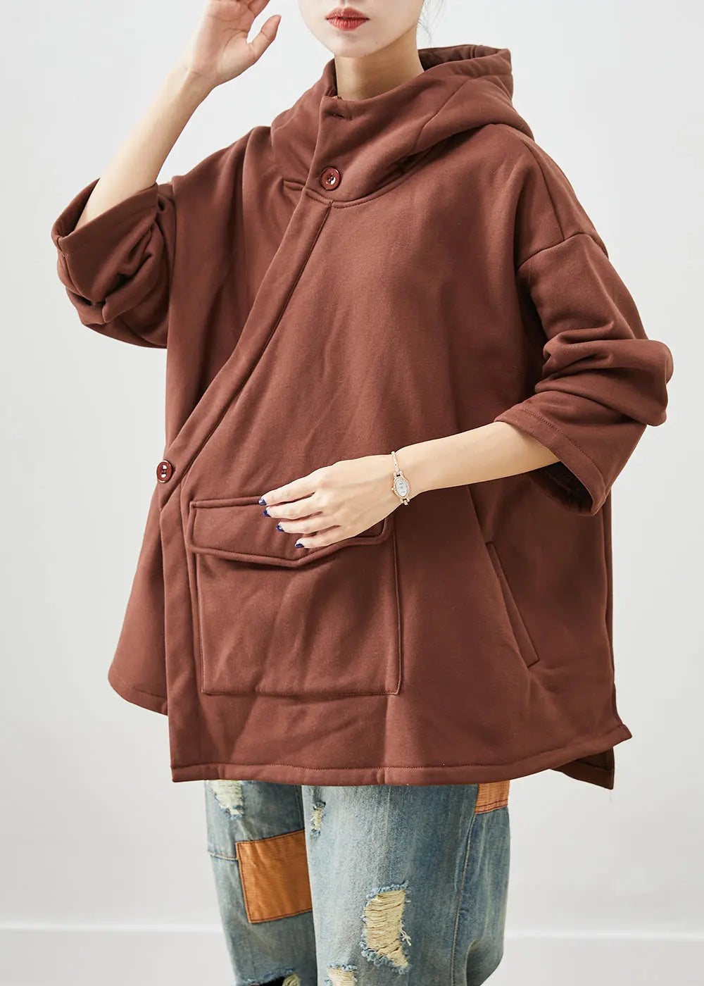 Stylish Khaki Asymmetrical Oversized Warm Fleece Jacket Fall Ada Fashion