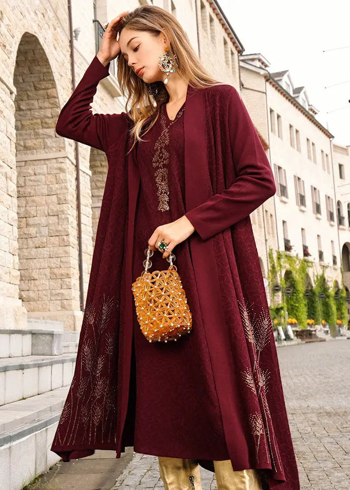 Stylish Mulberry Notched Cozy Jacquard Wool Knit Cardigan Long Sleeve Ada Fashion