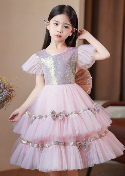 Robe longue élégante en tulle à paillettes roses et nœud en patchwork avec ourlet extra large pour bébé fille, été