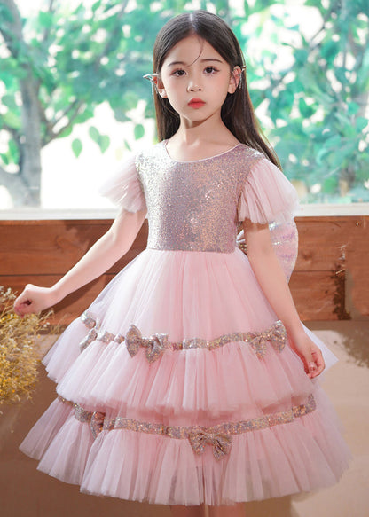 Robe longue élégante en tulle à paillettes roses et nœud en patchwork avec ourlet extra large pour bébé fille, été