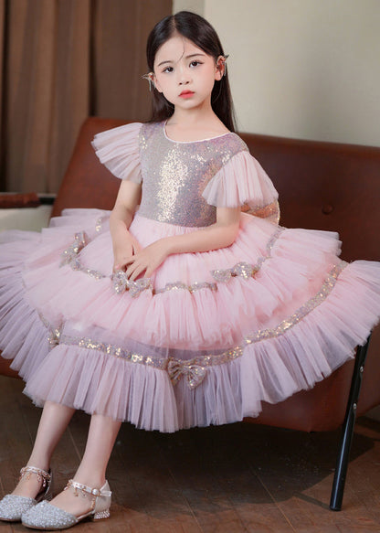 Robe longue élégante en tulle à paillettes roses et nœud en patchwork avec ourlet extra large pour bébé fille, été